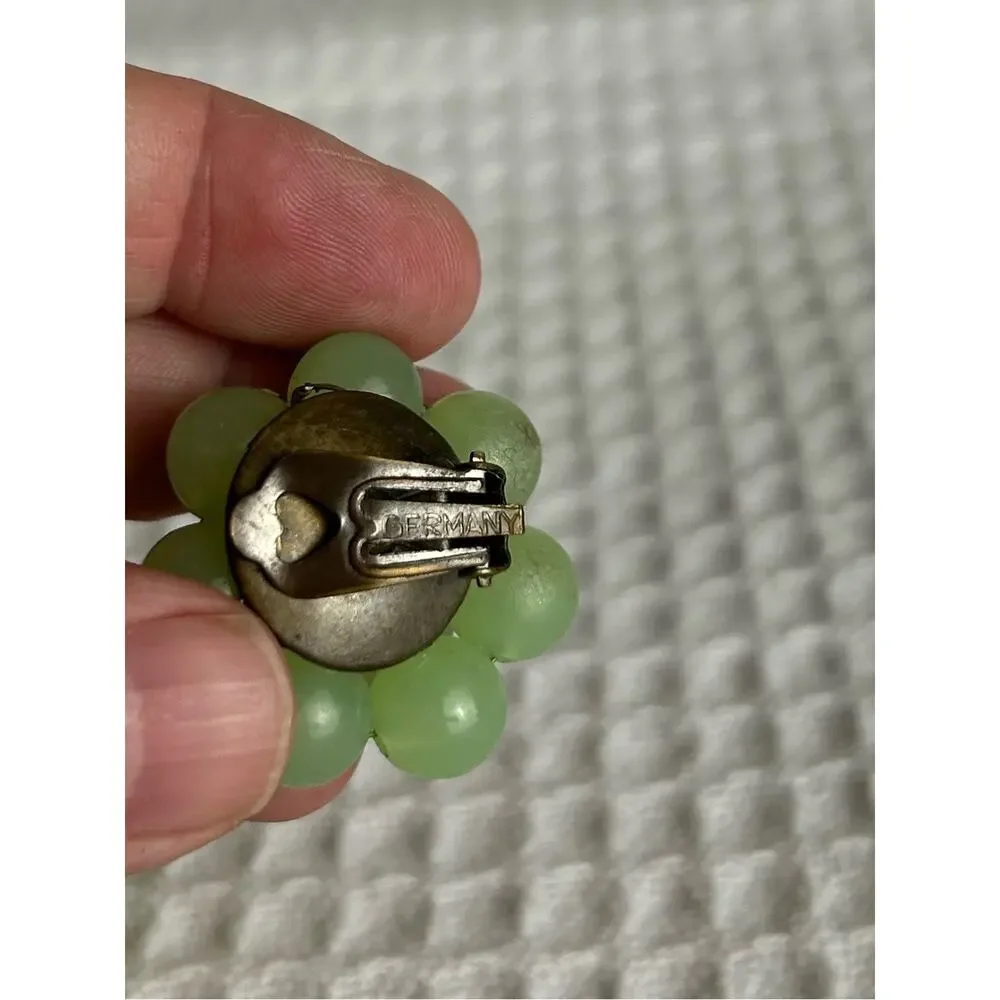 Vintage West Germany Green Glass Bead Cluster Clip On Earrings Grapes